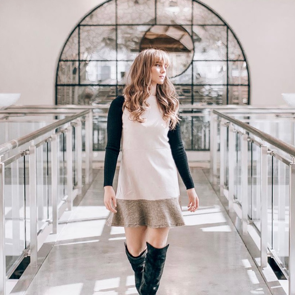 Chic Cream Sleeveless Dress w/ Tweed Hemline | Perfect for Fall Layering